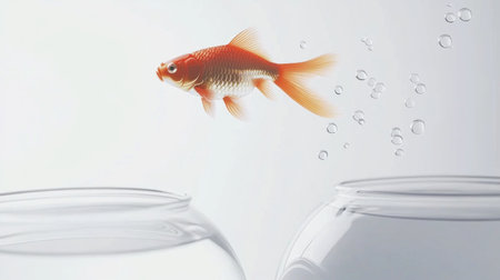 A goldfish jumps from one fishbowl to another, symbolizing the concept of change and progress in business. Realistic photo, taken with a Nikon D750. --chaos 30 --ar 16:9 --v 6.1 Job ID: a9682f83-4a60-48d1-a691-62b27bcfa187の素材