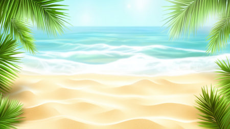 Beautiful summer background with a palm tree and sand on the beach. Beach banner, wide format, with copy space for text in the center of the frame. Summer vacation concept. Background, panorama. --chaos 30 --ar 16:9 --v 6.1 Job ID: 92f2dda4-73a2-4c82-a357-49835a1bc07bの素材