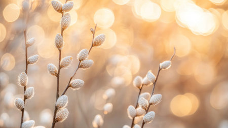 A close-up of willow catkins on the brim, with a blurred background of willows and sunlight. The focus is sharp against a light brown backdrop, creating an elegant and soft atmosphere for Easter decoration or spring design use. This photo highlights the texture and shape of the willow blooms. The composition adds depth to the scene, making it suitable as a banner for social media posts or digital marketing materials during the spring season. Captured with a 24mm f/3.5 lens. --chaos 30 --ar 16:9 --v 6.1 Job ID: 274cb3df-504e-4cc5-bc1e-497af225993cの素材