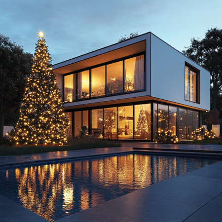 A modern house with large windows and lights on inside, next to it is an open pool surrounded by a Christmas tree decorated for the holiday season. The scene should be captured at night, with warm lighting from within the home illuminating its surroundings. In front of the swimming pool, there is water reflecting light and adding depth to the composition. --v 6.1 Job ID: ebba42f5-e660-4ff5-b1f9-b0f9d73e2c51の素材