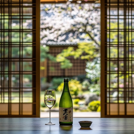 A bottle of green wine is placed on the table, with cherry blossoms blooming outside and traditional Japanese-style wooden windows in the background. The photo was taken with a Sony A7R IV camera using natural light. This scene creates an atmosphere full of Zen style, showcasing elegance through minimalism. In addition to this, it also highlights the exquisite details of floral patterns on the bamboo, adding a unique charm. --v 6.1 Job ID: 36190f49-21d8-45a0-b083-57fa37bd9ec1の素材