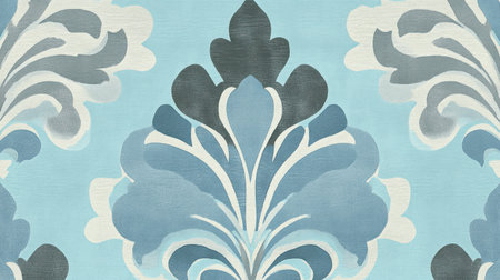 A seamless pattern with a digital painting of turquoise damask, its surfaces reflective and mesmerizing. Art Deco meets Modern Luxury, with a minimalist design and metallic sheen. The background is a muted teal, sky blue, and gray. There is no text or imagery in the center of the canvas, only monochromatic soft grays and gentle blues. The design incorporates ocean green and misty gray, using a watercolor technique. --chaos 30 --ar 16:9 --v 6.1 Job ID: b5ae1f46-c447-41b9-941c-c300fb619dfaの素材