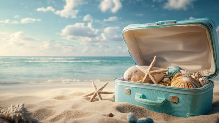 Beautiful summer background with an open suitcase full of beach accessories on the sand, in the style of the sea. This serves as a banner for the vacation and travel concept. Panoramic banner. --chaos 30 --ar 16:9 --v 6.1 Job ID: 3702cc0b-0bbf-433e-bc6a-ff967b30fe4fの素材