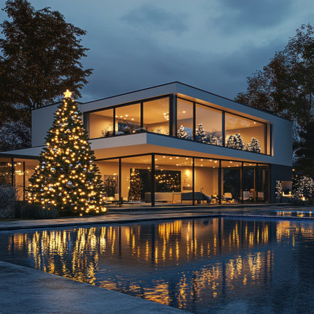A modern house with large windows and lights on inside, next to it is an open pool surrounded by a Christmas tree decorated for the holiday season. The scene should be captured at night, with warm lighting from within the home illuminating its surroundings. In front of the swimming pool, there is water reflecting light and adding depth to the composition. --v 6.1 Job ID: ebba42f5-e660-4ff5-b1f9-b0f9d73e2c51の素材