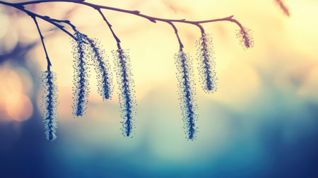 A beautiful Easter banner with willow catkins hanging down, bathed in sunlight. The background is blurred and pastel-colored. --chaos 30 --ar 16:9 --v 6.1 Job ID: c328aaad-223f-4d2c-b875-cc8c459cbbddの素材