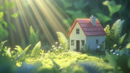 A small white house stands on green grass, surrounded by lush ferns and rays of sunlight shining through the leaves. The background is bright with a green gradient, creating an atmosphere of tranquility and harmony in nature. A real estate concept banner. Wide format. High resolution. --chaos 30 --ar 16:9 --v 6.1 Job ID: 4782aeac-d157-4b20-b752-9d8f6480169bの素材