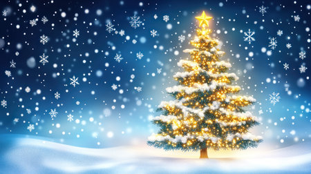 A beautiful Christmas tree made of golden glitter is shining on a blue background with snowflakes and stars, a Christmas card banner concept. This is a new year festive design for greeting cards, posters, or covers. Vector illustration. Detailed, high-resolution, professional photograph. The ultra-wide-angle lens shows the entire scene, taken from an overhead perspective, using a Canon EF 24mm f/2.8 lens. --chaos 30 --ar 16:9 --v 6.1 Job ID: 1e870abb-983f-4718-a8dd-4d7f4aec6dd0の素材