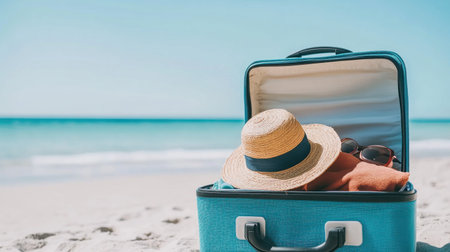 Beautiful summer background with an open suitcase full of beach accessories on the sand by the sea, a banner for a vacation and travel concept. --chaos 30 --ar 16:9 --v 6.1 Job ID: 8966e2e2-6960-445f-a46f-8eea4a3818cfの素材