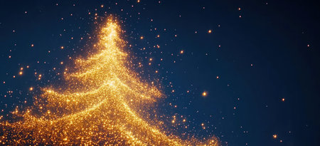A golden Christmas tree is made of light and glitter, against the background there is a blue sky with stars. The Christmas tree has a glittery gold effect on a dark blue background, making it a suitable design for a Christmas card or banner, with space for text. --ar 11:5 --v 6.1 Job ID: 924367ed-130a-4db8-911d-169a5ad3fdedの素材