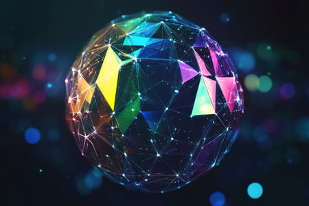 3D rendering of a colorful polygonal sphere with a wireframe, against a dark background, featuring blue, purple, green, and yellow colors. --ar 3:2 --v 6.1 Job ID: 4b9889c9-ee2d-4fd7-9221-8fa5026fccfeの素材