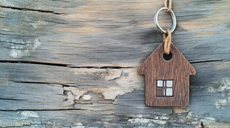 A key with a house-shaped tag on a wooden background, a real estate concept banner with copy space for web design. Empty text and a stock photo, top view. --chaos 30 --ar 16:9 --v 6.1 Job ID: 32c1565f-10be-4e6b-8893-1536f470d79dの素材