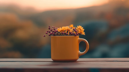 Beautiful spring background with daisies in a yellow mug on a wooden table, with copy space for product display presentation. The scene is set on a sunny day, with a blurred natural landscape in the background. --chaos 30 --ar 16:9 --v 6.1 Job ID: 48364ce4-b8cd-4433-8c49-94d23584f3c4の素材