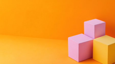 A colorful isometric cube with three smaller cubes next to it on an orange background. The image has soft lighting and a minimalist style, focusing on the shapes of different blocks and colors. There's no text or other elements in the composition, highlighting the simplicity and clean lines of each shape. This design creates a sense of space between them that adds depth and visual interest without incorporating any graphics into the scene. --chaos 30 --ar 16:9 --v 6.1 Job ID: c85033c3-e73c-4962-a2a9-47d9cf17ec3dの素材