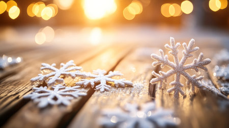 A wooden background with bokeh lights and snowflakes for Christmas, perfect as an online store banner. The wood has warm tones of brown to orange that contrast beautifully against the white snowflake details. This design is ideal for conveying holiday cheer in your web presentation or e-commerce website. --chaos 30 --ar 16:9 --v 6.1 Job ID: 2a925672-2468-4987-a94d-be5e5d1cae01の素材