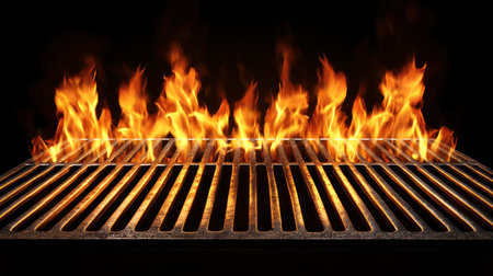A large empty grill with flames burning on the sides, black background, high-resolution, professional photograph, Super-Resolution, Megapixel, Pro Photo RGB, Houdini rendering, stock photo in the style of toned colors --chaos 30 --ar 16:9 --v 6.1 Job ID: f47f8c5d-39c6-4267-91cb-4cd04e76d7e0の素材