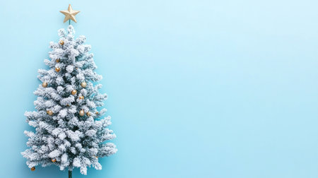 Christmas tree with snow on a light blue background, concept with copy space, snowing, banner for web design and social media posts, poster or card template, copy space, banner, banner, flat lay, wide-angle lens, wide shot, shot from above, shot taken with a Canon EOS camera. --chaos 30 --ar 16:9 --v 6.1 Job ID: 6c2ae06a-58d0-435f-85b4-db2d16075e87の素材