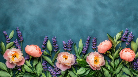 A teal wall with coral peonies and lavender creates an elegant background for text or product display. --chaos 30 --ar 16:9 --v 6.1 Job ID: 0f1f59ef-0cf0-4eb5-a46d-f9a8dbee24dbの素材