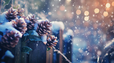 A wide banner with an abstract background of snow-covered wooden planks, adorned with pine cones and mistletoe in shades of blue, pink, white, and gold. The scene is illuminated by soft bokeh lights that create a magical atmosphere for Christmas or New Year themes, perfect as advertising space. --chaos 30 --ar 16:9 --v 6.1 Job ID: 04b1dabc-0e7d-43a5-a088-dfdc41c69519の素材