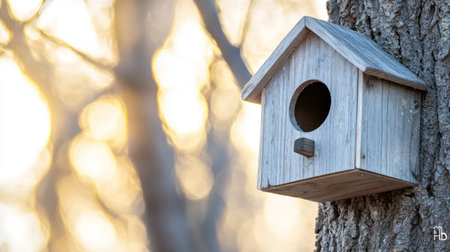 A wooden birdhouse hanging on the side of an old tree in a woodland setting, with a natural background and sunlight filtering through the trees. The image is a close-up shot focusing solely on one bird. --chaos 30 --ar 16:9 --v 6.1 Job ID: 6918a384-400d-4666-a81d-6a3e165f3770の素材