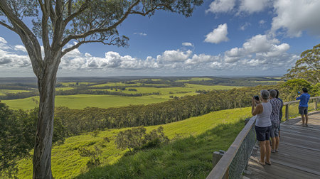 A panoramic view of the skywalk, showcasing its long length and winding design as visitors move along it in all directions. The platform is made from wooden planks with metal railings, offering stunning views over the lush greenery below. In the distance lies an expansive landscape stretching to the horizon under a cloudy blue sky. A group stands at one end taking photos while others look out towards the distant mountains. --chaos 30 --ar 16:9 --v 6.1 Job ID: 41a19688-80be-40b0-91d5-7c220c2ad71aの素材