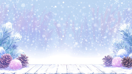 A snowy winter background with bokeh lights and pine cones on wooden planks, creating an enchanting festive atmosphere for Christmas or New Year greeting cards. The color scheme includes shades of blue, pink, purple, and white, with space at the top for text or graphics. This design is perfect as a wide banner that captures attention in digital marketing promotion and social media decoration. --chaos 30 --ar 16:9 --v 6.1 Job ID: dce4fb58-9202-4f78-82ac-e2794d9badb5の素材