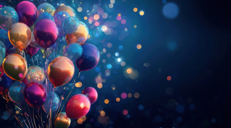 3D Realistic Birthday Balloon Background, digital illustration, colorful with glitter and sparkles on a dark blue background, highly detailed. --ar 128:71 --v 6.1 Job ID: 6dc98f23-b0bc-4737-9486-f2e605592ffbの素材