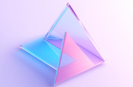 3D isometric icon, three blue and pink triangles, one over the other like in a triangular pie chart, light purple background, white color for a frosted glass material. --ar 23:15 --v 6.1 Job ID: e1205dc6-af7a-4b62-ab9f-823735d5e022の素材