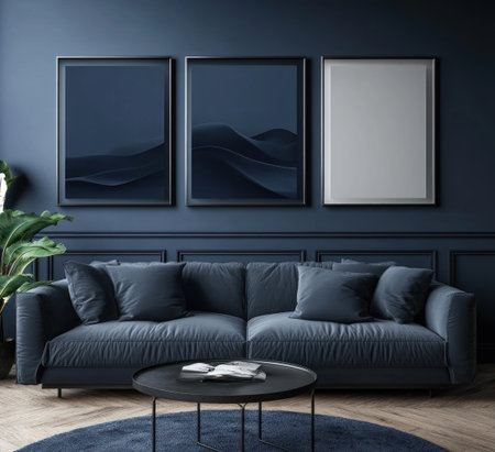 3 large, thick, white, wooden, square frames on the wall; blue walls and a dark sofa in the living room with a coffee table; dark navy background. Do not block the frames. --ar 11:10 --v 6.1 Job ID: b813cc98-b8c8-4071-bba1-b1cf5409991bの素材