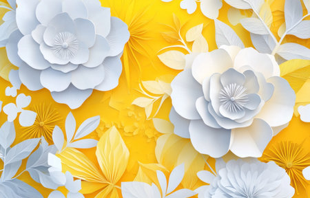 3D paper-cut yellow and white floral background with large flowers and leaves --ar 47:30 --v 6.1 Job ID: 4312e396-ff9b-445c-a5b4-7e5b2bd56befの素材