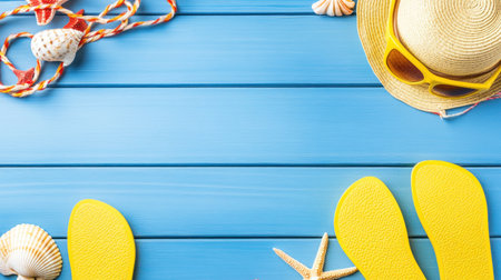 A blue wooden background with yellow flip-flops, sunglasses, and beach accessories. The composition is viewed from above in the center of the frame. On both sides, there will be seashells and starfish. There should also be some coral in the bottom right corner. In the top left corner, we can see an old hat with red flowers. A lifeguard rope must wrap around the edge on the far right side. It's a summer vibe! Flat lay. --chaos 30 --ar 16:9 --v 6.1 Job ID: 2a79f7e4-77a3-4797-9680-e80159a23ea1の素材