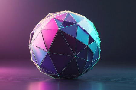 3D low-poly sphere with colorful triangles, dark grey background, Cinema 4D render, Octane render, purple and blue color scheme, green wireframe lines on the ball, high resolution, high detail, hyper-realistic, studio lighting. --ar 3:2 --v 6.1 Job ID: 8cfdebe2-2c46-4246-8e02-cfe3b4088bb8の素材