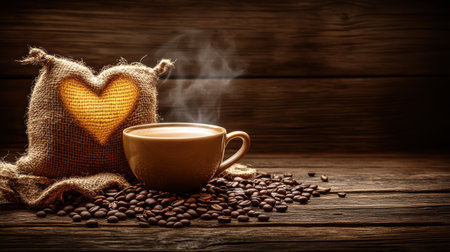 A steaming cup of coffee on an old wooden table, surrounded by scattered coffee beans and a burlap sack with the shape of a heart in the background. The background is dark wood paneling. --chaos 30 --ar 16:9 --v 6.1 Job ID: fa2e37bb-7363-4011-8769-aa6da7fccec8の素材
