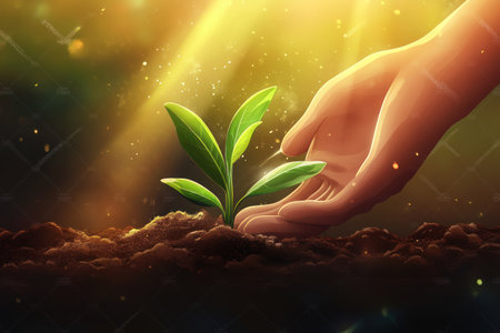 Hand-watering a young plant sprout on a soil background with sun rays, a concept for environment protection and ecology. Printable vector illustration, stock photo contest winner, stock photography, stock photo, photo-realistic. --ar 3:2 --v 6.1 Job ID: 53fdfd70-c68d-4430-a38f-6a892e7bb9edの素材