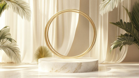 3D product stage, podium, minimalistic, white background, round shape, golden lines, marble stone circle base, tropical leaves on the sides of the rings --ar 53:30 --v 6.1 Job ID: 84c943bc-dfdf-4d6a-a1a6-0c6fd25fb317の素材