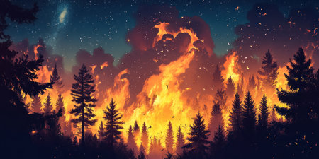 High-Resolution Photo Capture: A forest fire under the starry night sky with silhouettes of trees and smoke in an atmospheric illustration style. The colors should be warm, evoking feelings of fear or excitement in different people. There is a large, dense cloud on top of it. Add some birds flying around. In the background, there are yellow flames from burning pine tree trunks and orange sparks flying everywhere. It's nighttime, and stars can still be seen in the dark blue-black sky. --ar 2:1 --v 6.1 Job ID: 0309ca09-c876-4af1-bd83-ba4d93002ff5の素材
