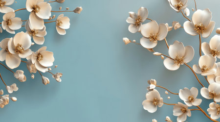 3D blue background with golden orchid flowers, an elegant and luxurious wallpaper design with space for text. --ar 128:71 --v 6.1 Job ID: f792bd28-e89d-4d13-976b-36ac5b92b18dの素材