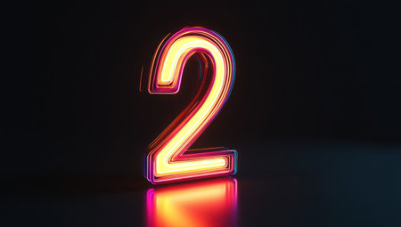 3D rendering of a glowing neon number two on a black background. The glowing line has a reflection and gradient glow, and is isolated over a dark studio backdrop with soft lighting, suitable for a banner design for advertising or a sign board concept. --ar 53:30 --v 6.1 Job ID: 3e83ad30-933e-49e9-94fc-5a33e38b80f0の素材