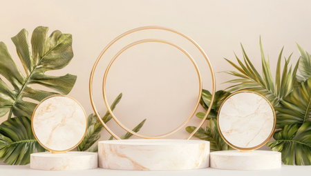 3D product stage, podium, minimalistic, white background, round shape, golden lines, marble stone circle base, tropical leaves on the sides of the rings --ar 53:30 --v 6.1 Job ID: 84c943bc-dfdf-4d6a-a1a6-0c6fd25fb317の素材