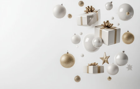 3D rendering of a Christmas decoration with white and gold colors floating on an isolated background. Abstract geometric shapes, gift boxes, balls, and a star. New Year holiday concept design in the style of an abstract artist. --ar 47:30 --v 6.1 Job ID: 0c26c69f-294e-4ea5-97dd-9361787638bdの素材