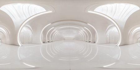 360-degree panorama of an empty, modern, white hall with curved walls. Futuristic interior design, front view, high-resolution photography, hyper-realistic, cinematic lighting. --ar 2:1 --v 6.1 Job ID: bdf97f77-a9f8-4d86-9ff0-53410aa304a7の素材