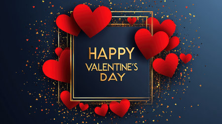 Happy Valentine's Day background with elegant red paper hearts and a golden line frame on a blue backdrop. Vector illustration or logo design template, with the text "HAPPY VALENTINE'S DAY" written in the middle of a circular shape. --chaos 30 --ar 16:9 --v 6.1 Job ID: 1b9aba8b-a1cc-4559-abb5-978683246000の素材