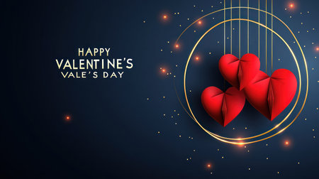 Happy Valentine's Day background with red paper hearts and a golden line frame on a dark blue background. Vector illustration, detailed illustration, high-resolution, professional photograph. The ultra-high-definition bokeh style of the lighting background is a simple design with "HAPPY VALENTINE'S DAY" written in a white calligraphy font in an elegant circular shape. It features three heart-shaped origami elements, adding to its sophisticated appearance. --chaos 30 --ar 16:9 --v 6.1 Job ID: a3f84949-7e43-49b1-8003-4c0e68f8917aの素材