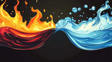 A horizontal banner featuring two contrasting elements, one side with vibrant flames in orange and red colors on the top, transitioning into cool blue water at the bottom, creating an eye-catching contrast against a black background. The fire is dynamic, depicted as burning embers floating upwards towards the sky, while the liquid flows down, creating intricate ripples of movement. This design would be suitable for conveying intense heat or coldness, perfect for digital backgrounds, graphics, web pages, or graphic designs. --chaos 30 --ar 16:9 --v 6.1 Job ID: 0fce6668-c541-4fc4-ac4a-c15863145c88の素材