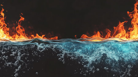 A horizontal banner featuring two contrasting elements, one side with vibrant flames in orange and red colors on the top, transitioning into cool blue water at the bottom, creating an eye-catching contrast against a black background. The fire is dynamic, depicted as burning embers floating upwards towards the sky, while the liquid flows down, creating intricate ripples of movement. This design would be suitable for conveying intense heat or coldness, perfect for digital backgrounds, graphics, web pages, or graphic designs. --chaos 30 --ar 16:9 --v 6.1 Job ID: 0fce6668-c541-4fc4-ac4a-c15863145c88の素材