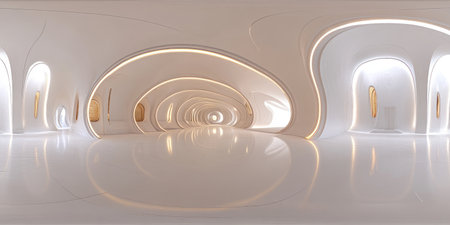 360-degree seamless HDRI environment, white interior, futuristic minimalist design, empty room with curved walls, straight lines and curves, symmetrical composition, clean lines, minimalist architecture, modern architectural photography, Octane render, high resolution. --ar 2:1 --v 6.1 Job ID: dec2832e-e98c-4f02-9620-377dbb0851e3の素材