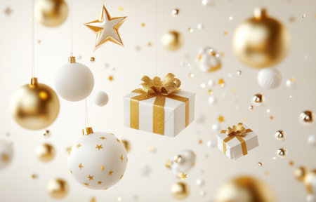 3D rendering of a Christmas decoration with white and gold colors floating on an isolated background. Abstract geometric shapes, gift boxes, balls, and a star. New Year holiday concept design in the style of an abstract artist. --ar 47:30 --v 6.1 Job ID: 0c26c69f-294e-4ea5-97dd-9361787638bdの素材