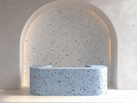 3D rendering of a blue pastel podium with a white terrazzo texture and an arched wall background for product display presentation. Minimal stage showcase design. --ar 4:3 --v 6.1 Job ID: 1a96095a-3fa1-47dc-b65d-974715f94fe8の素材