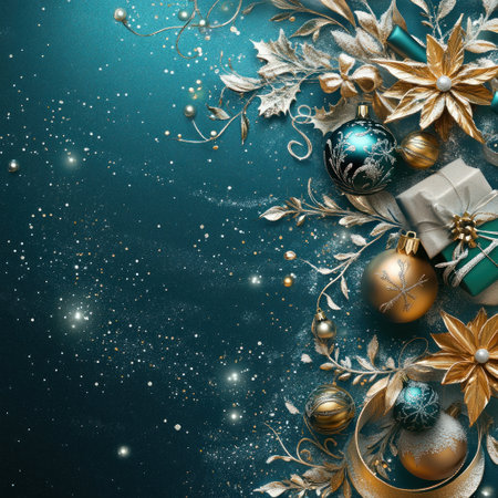 A beautiful blue and gold Christmas background with gifts, ornaments, and snow in the style of airbrush art, detailed and intricate, with dark turquoise and light bronze colors, resembling animated GIFs, fairy tale book illustrations, and featuring light silver and green hues, as well as a colorful MÃ¶bius strip, all in high resolution. --v 6.1 Job ID: 13e00f36-ce00-47d2-b1f7-bcebc3646eb6の素材
