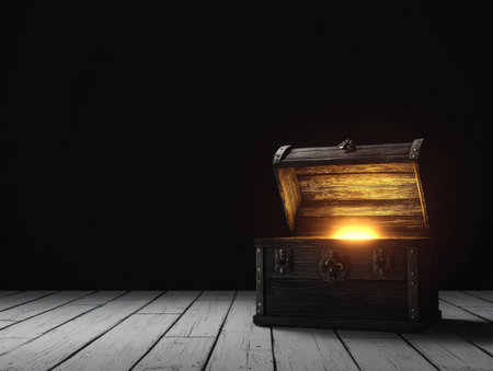 Vintage open wooden chest with a glowing light inside on a black background. A fantasy concept of a shining treasure or a shiny ancient object in an old trunk, on a white wooden floor, with copy space for text, suitable for a banner design. --ar 4:3 --v 6.1 Job ID: 4b33e7c8-922f-40f9-ae66-00018f4d8b35の素材