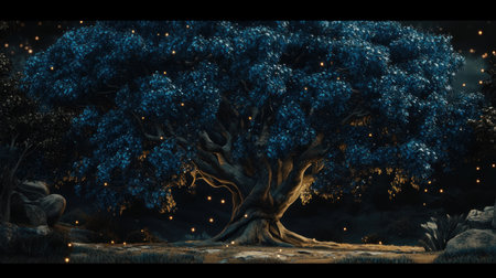 A large tree with blue leaves stands in the center of an enchanted forest at night, surrounded by fireflies and glowing stars. The sky is filled with soft moonlight filtering through the branches, creating gentle shadows on the ground. This mystical scene evokes a sense of tranquility and wonder. --chaos 30 --ar 16:9 --v 6.1 Job ID: 8b269513-b948-46ea-81da-e47015331e63の素材